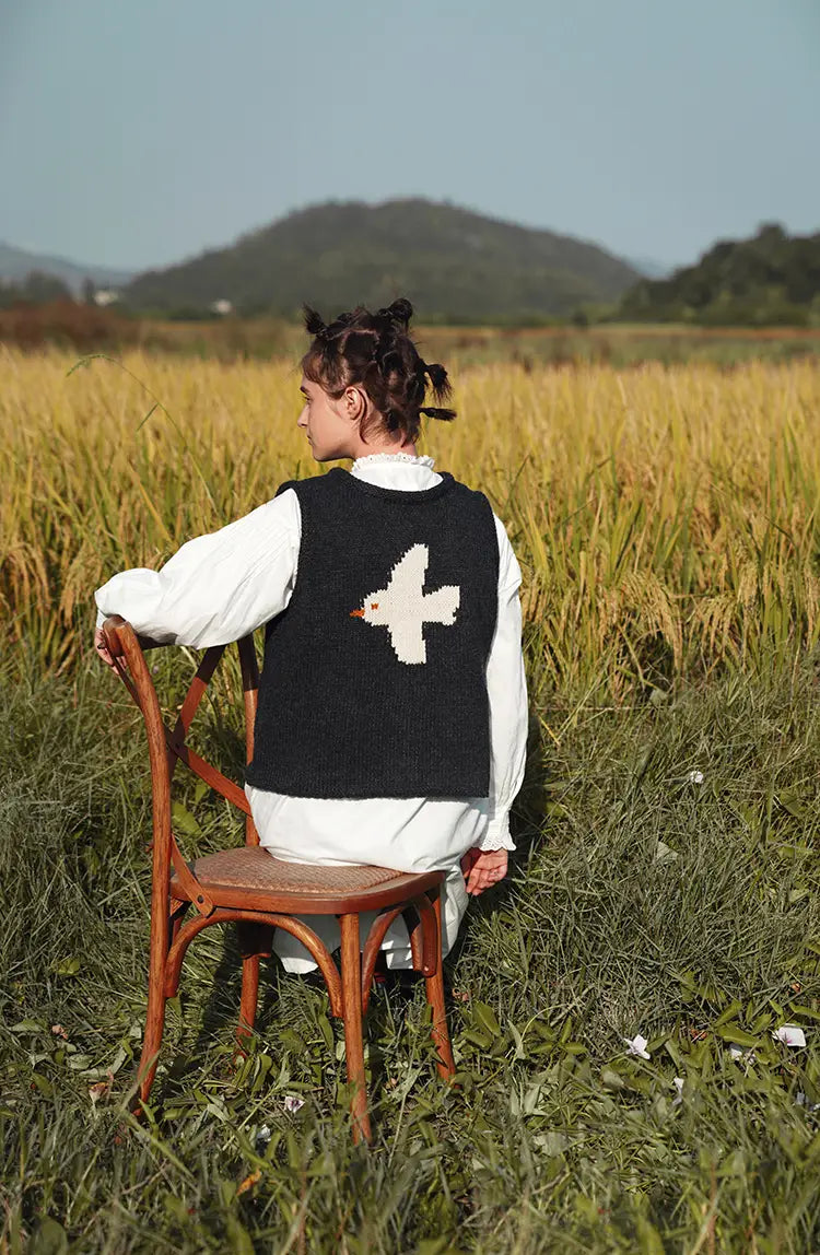 New Product Front and Back Two-Wear Bird Jacquard Lamb Wool Knitted Vest