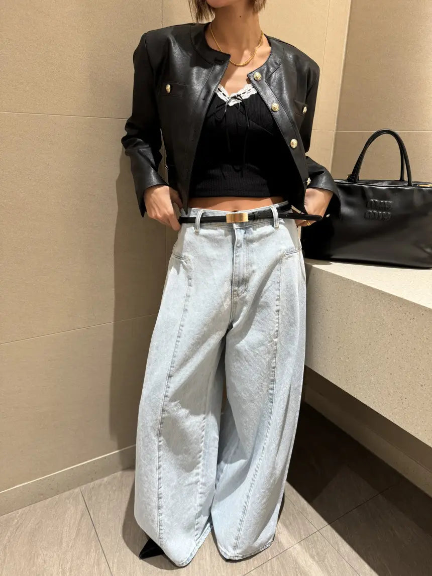 Women’s Korean-style Temperament High Waist Pleated Stitching Wide-leg Jeans