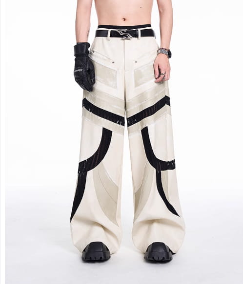 Patchwork Hollow-out Knitmesh PU Autumn And Winter Heavy Casual Pants