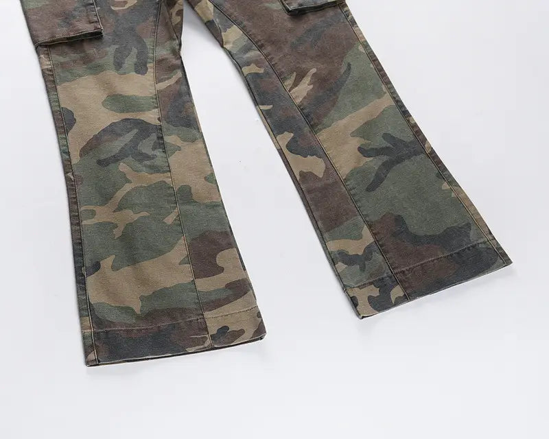 Washed And Distressed Camouflage Stitching Multi-pocket Tooling Micro Trousers