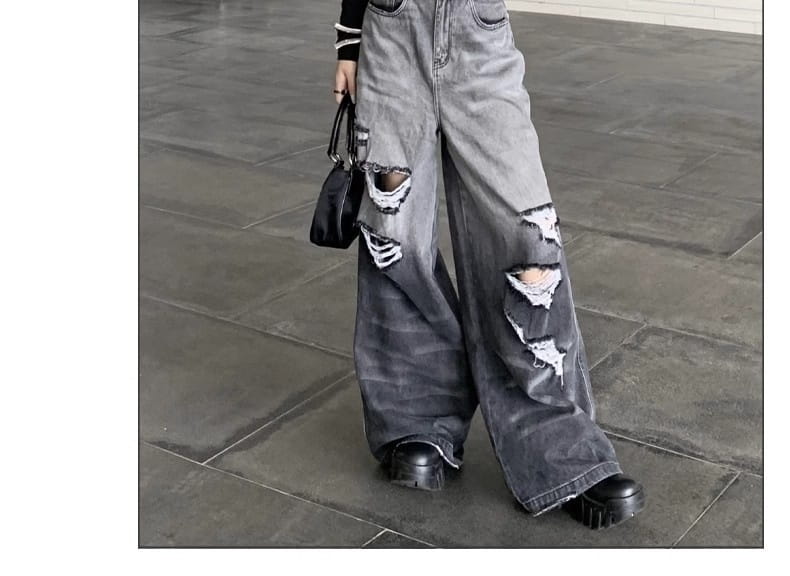 Gradient Color Big Ripped Hot Girl Wide Leg Jeans For Women