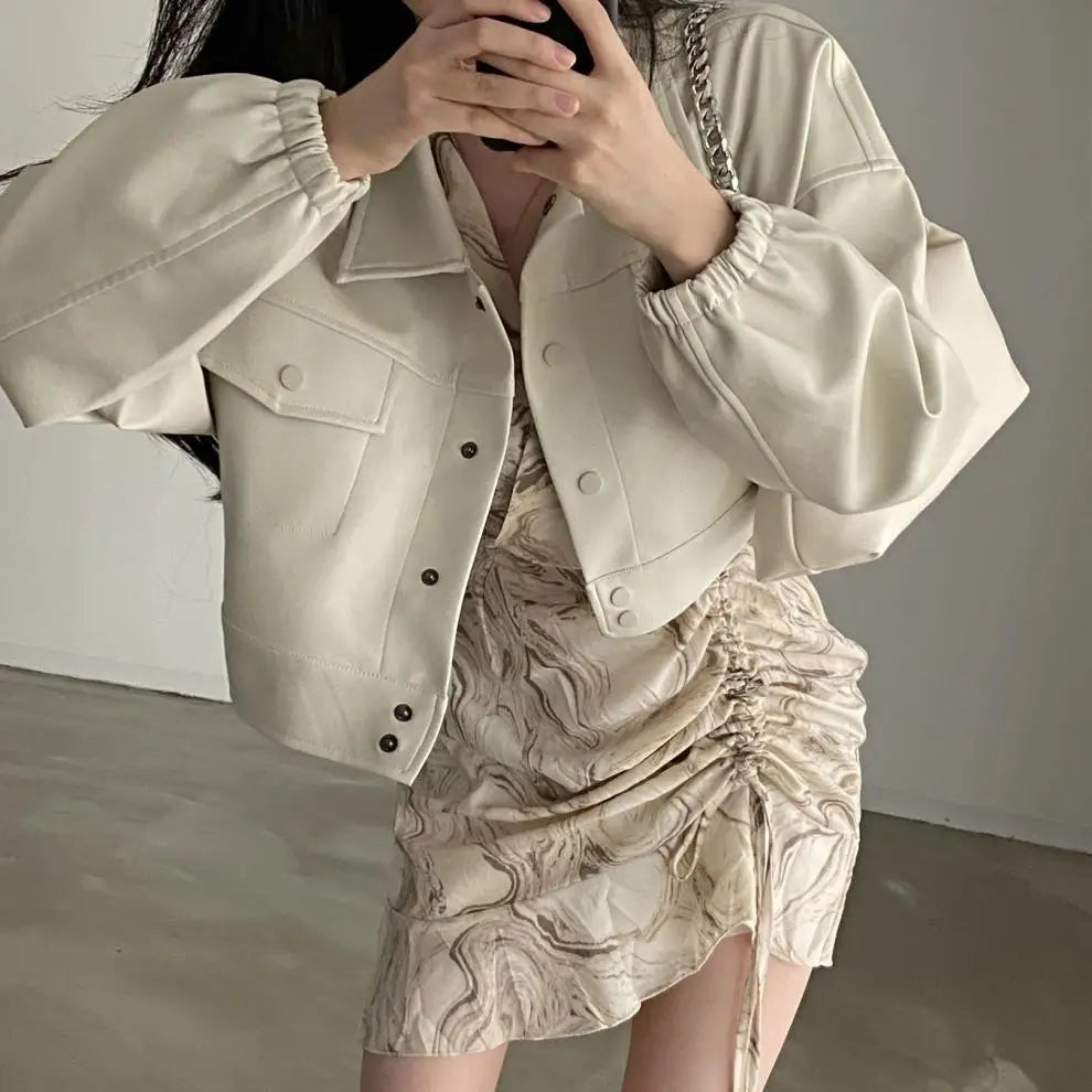 Chic Lapel Double Pocket Leather Top Leather Coat