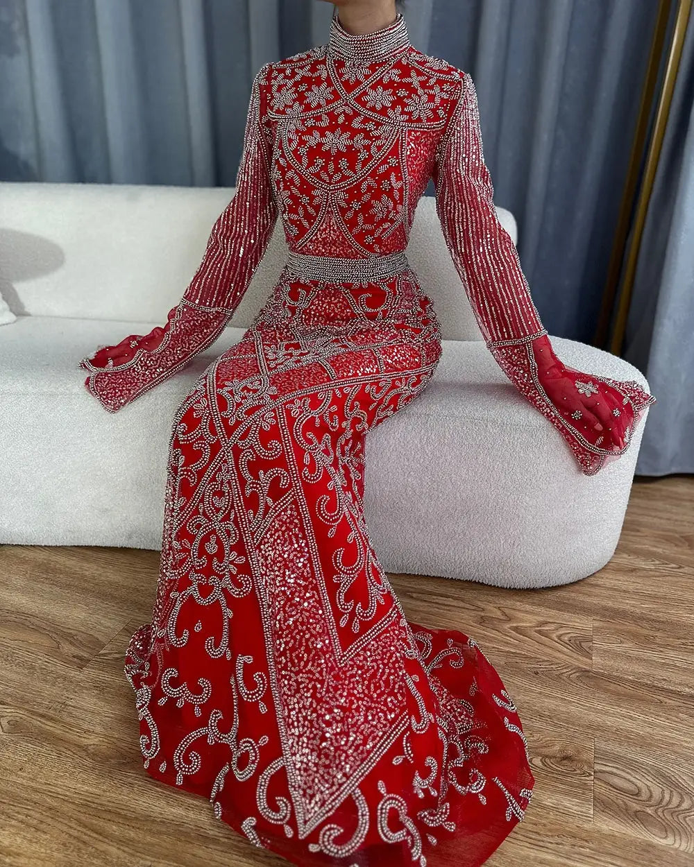 Red High Collar Fishtail Evening Long Dress