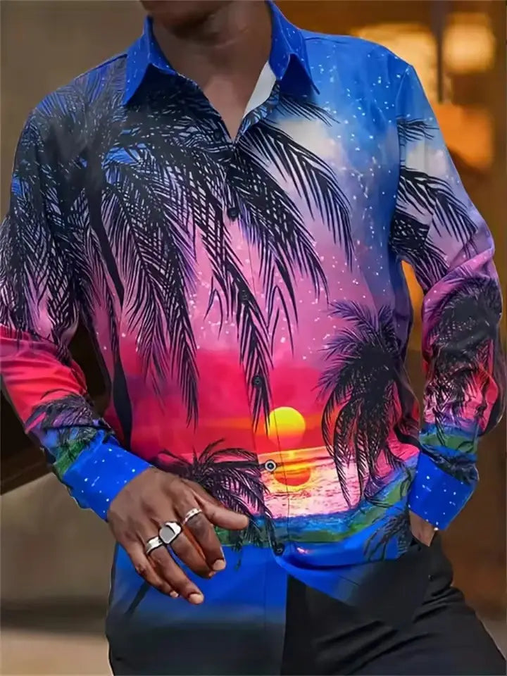 Men’s Long Sleeve Shirt Palm Tree And Striped Printed Shirt Everyday Fashion Men’s Casual Shirt