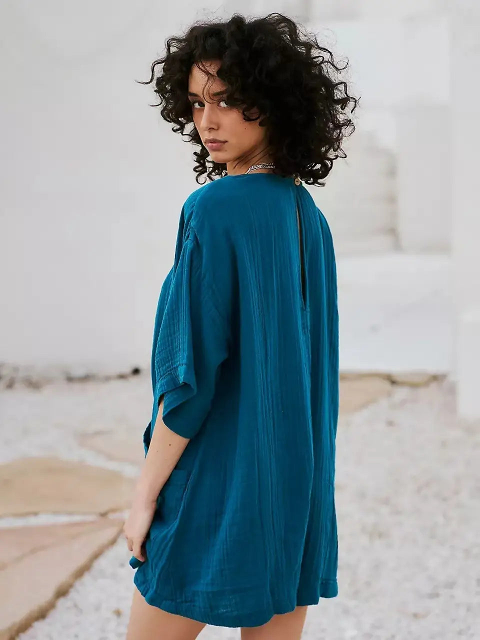 New Slub Cotton Ruffled V-neck Pocket Beach Sun Protection Blouse For Women