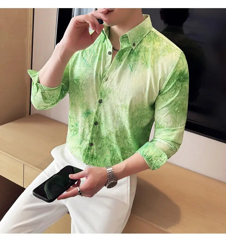 Trendy Tie-dye Printed Shirt Men’s Long Sleeve Spring Slim-fitting