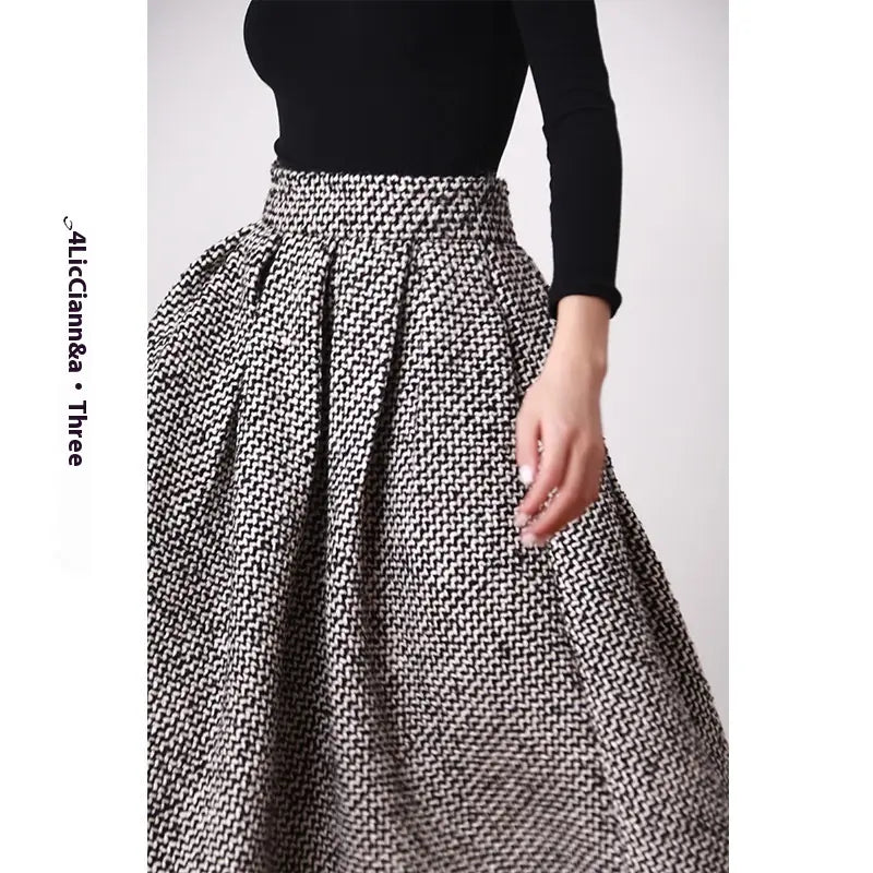 Autumn And Winter High Waist Pleated Words Puffy Thick Midi Skirt