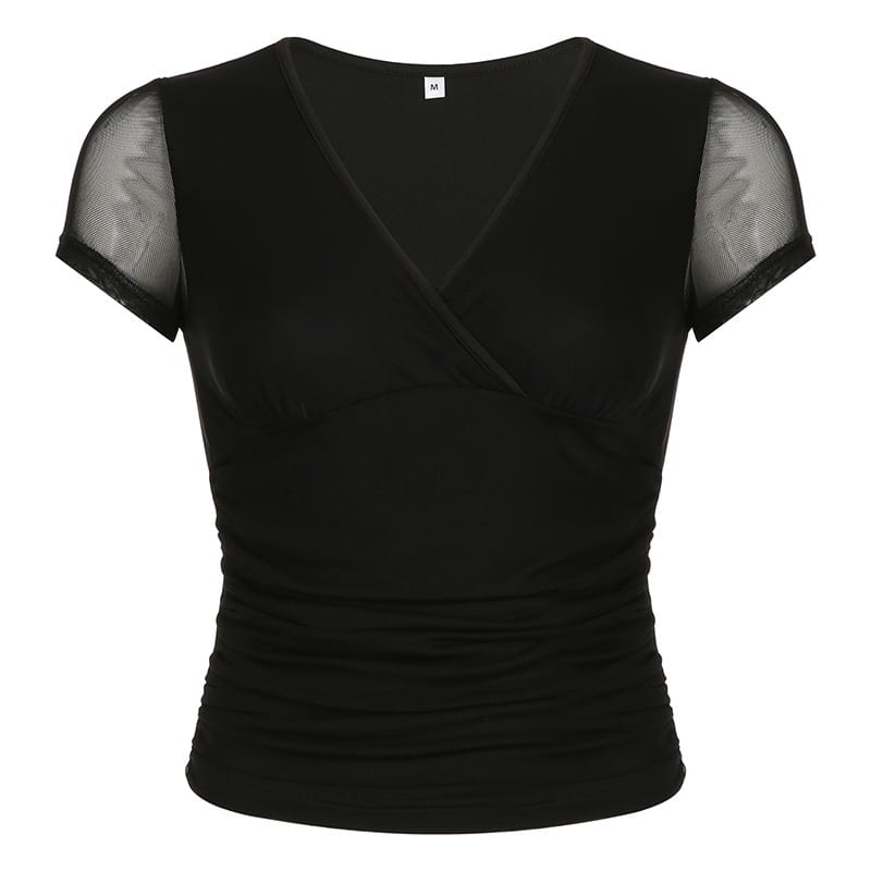 Deep V Design Small Pleated Pure Color Mesh Stitching Short Sleeve