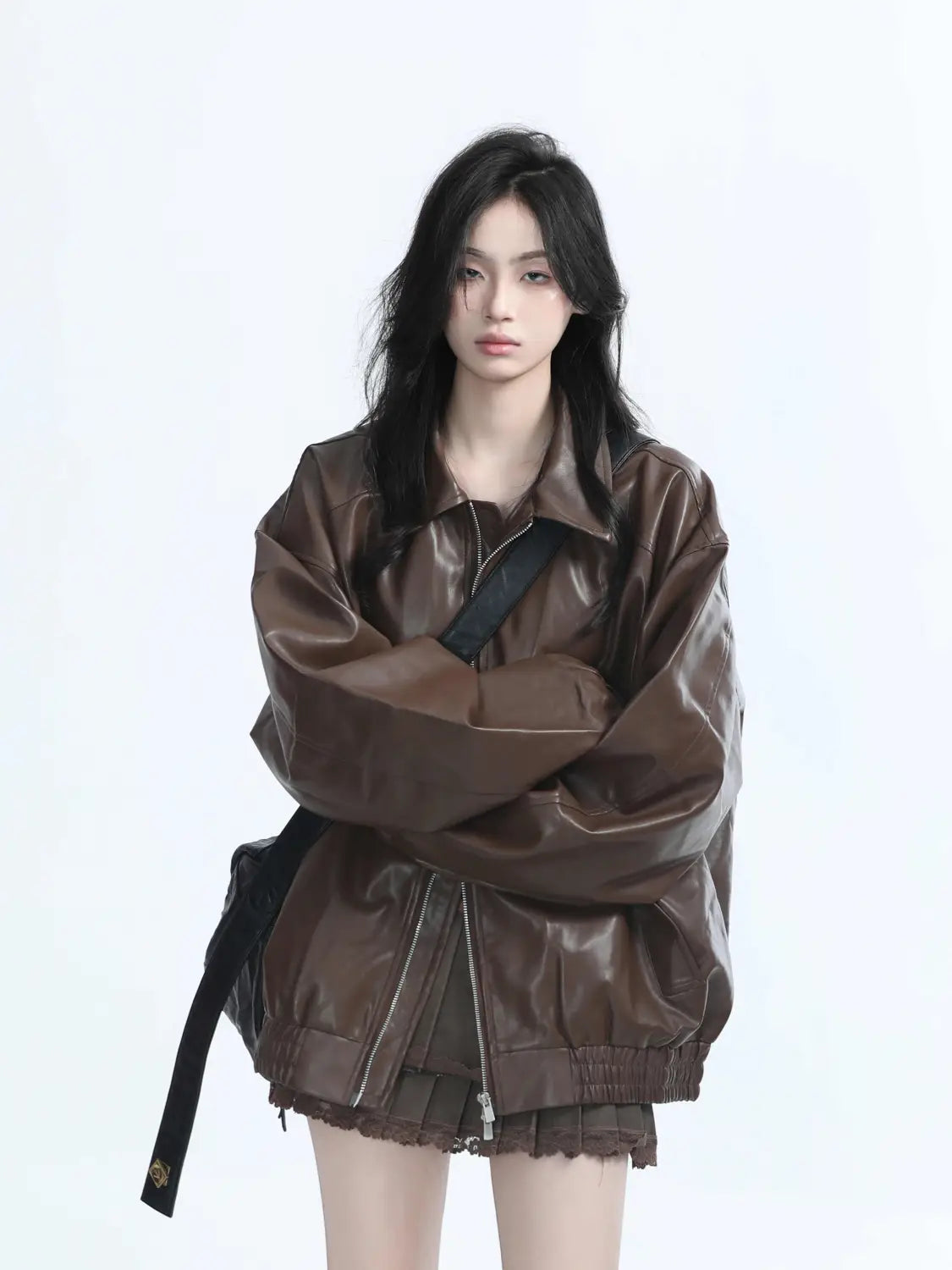 Brown Motorcycle PU Leather Coat Female Loose Jacket
