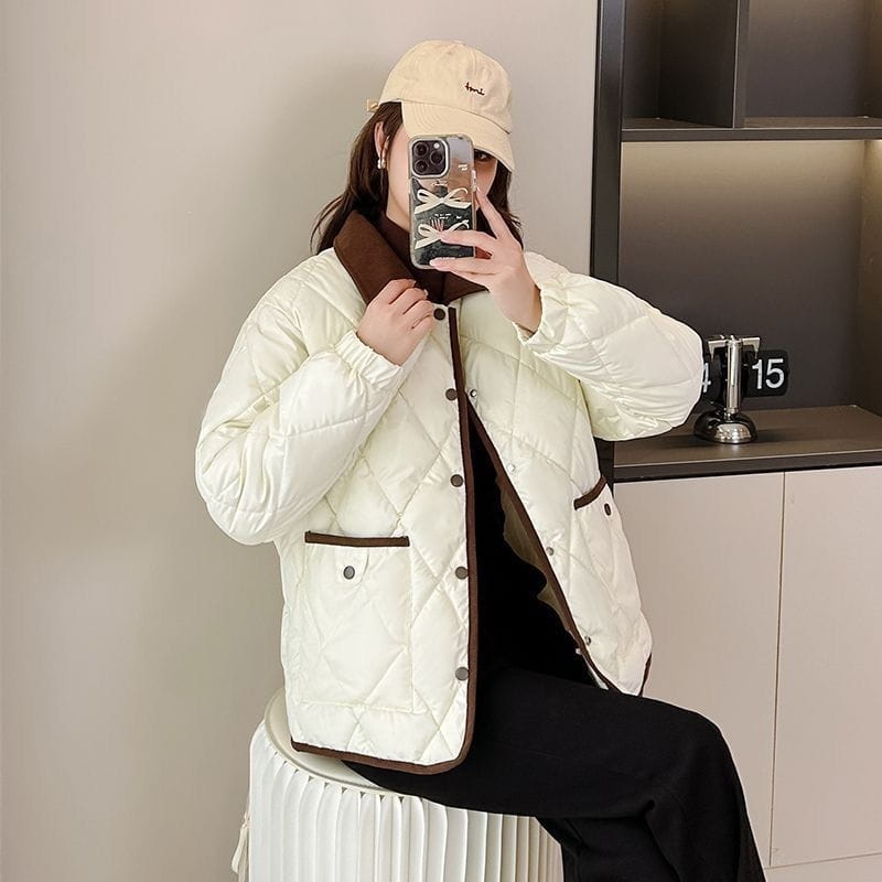 Classic Rhombus Cotton-padded Clothes Disposable PU Leather Loose Contrast Color And Versatile