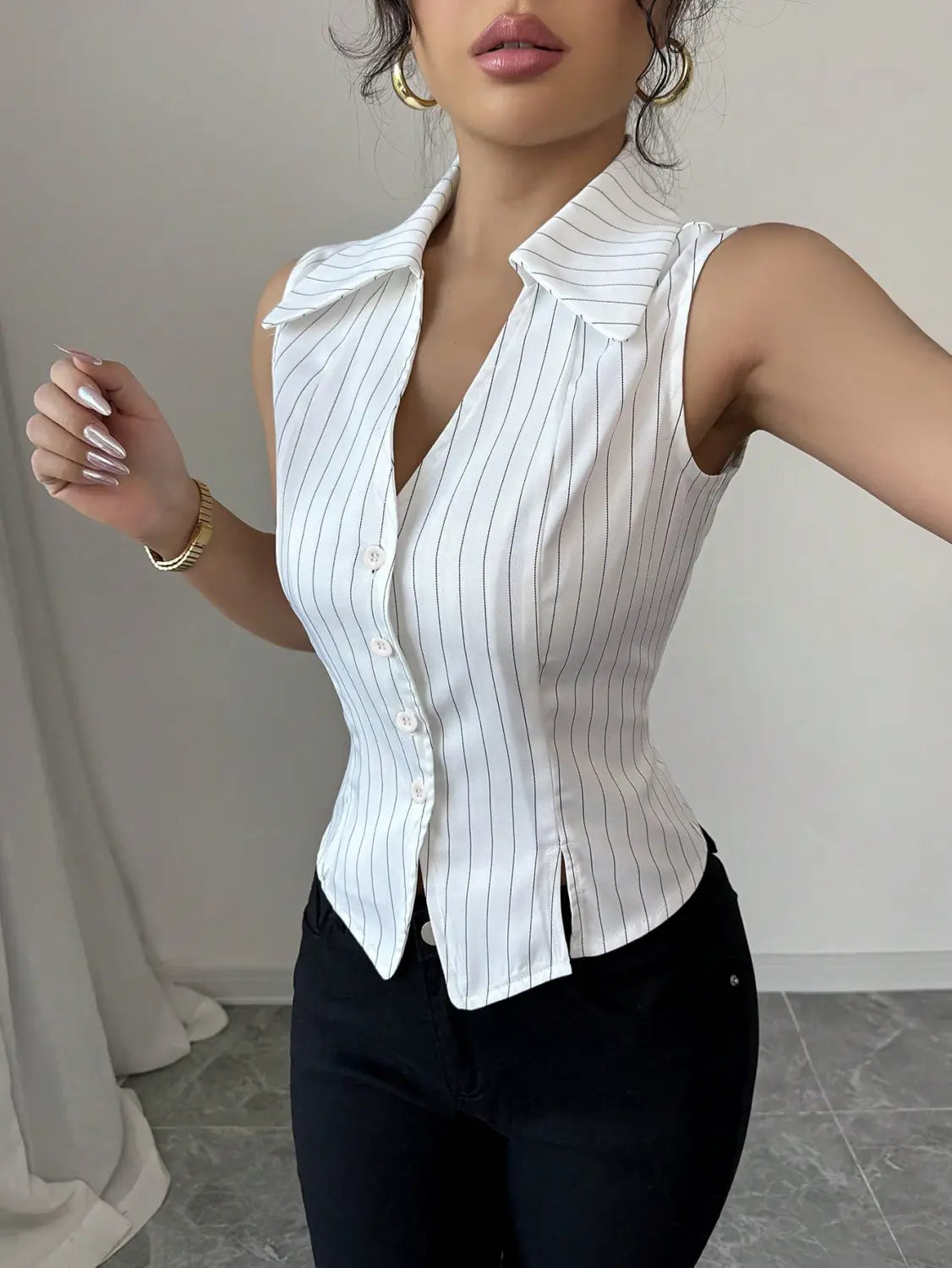 Summer European And American Temperament Striped Sleeveless Shirt