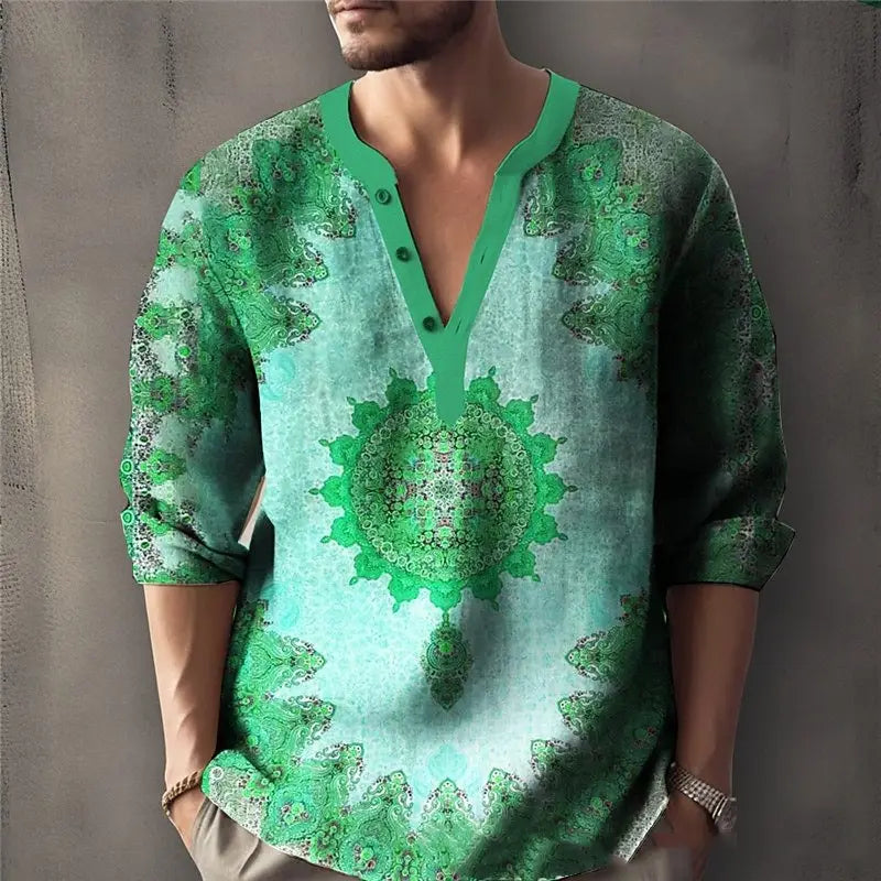 Printed Casual V-neck Men’s Loose Jacquard Sweater Long Sleeve