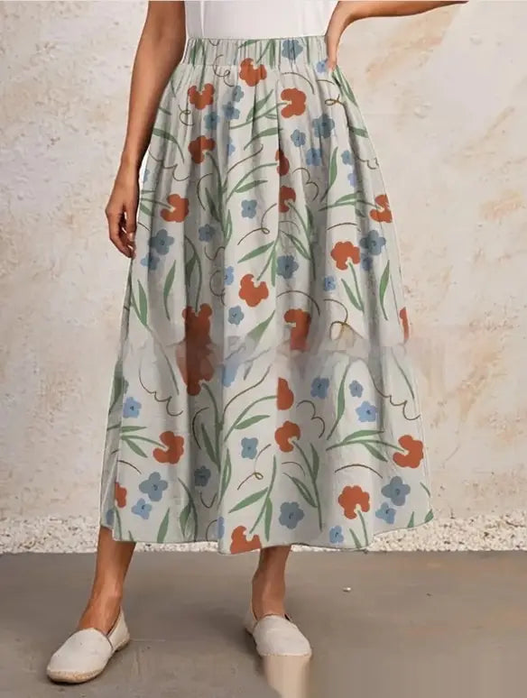 Printed Elastic Waist Slimming Large Hem Skirt