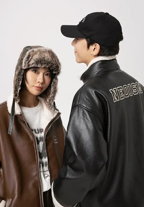 Lambswool PU Leather Thickened Warm Cotton Jacket