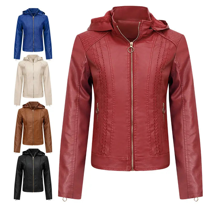 Women’s Clothing Fleece-lined Thickened Leather Coat Hooded