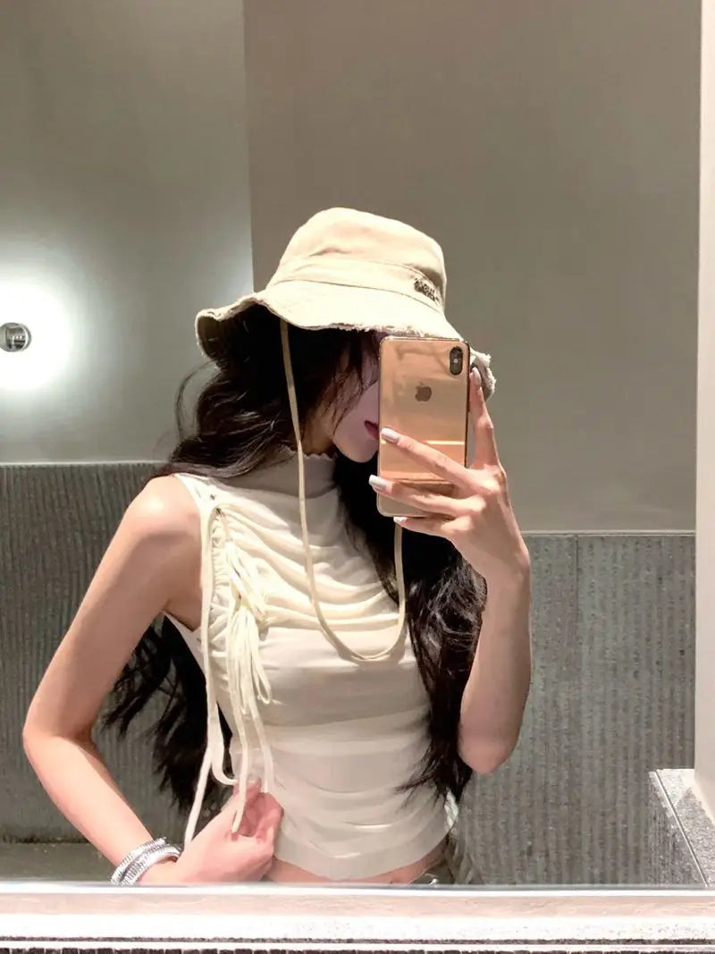 Design Mesh Lace-up Waist-controlled Pleated Vest