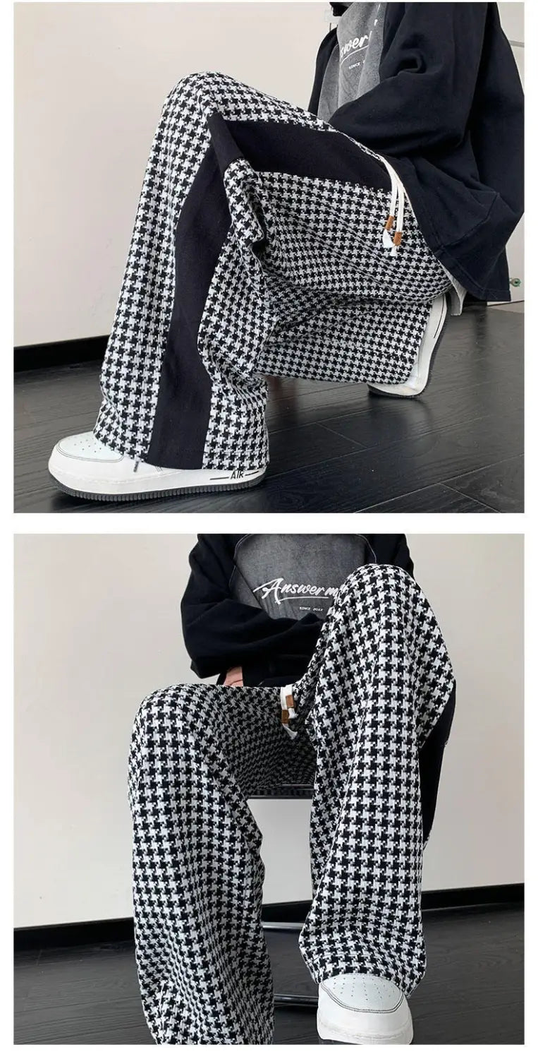 Houndstooth Stitching Chenille Casual Pants