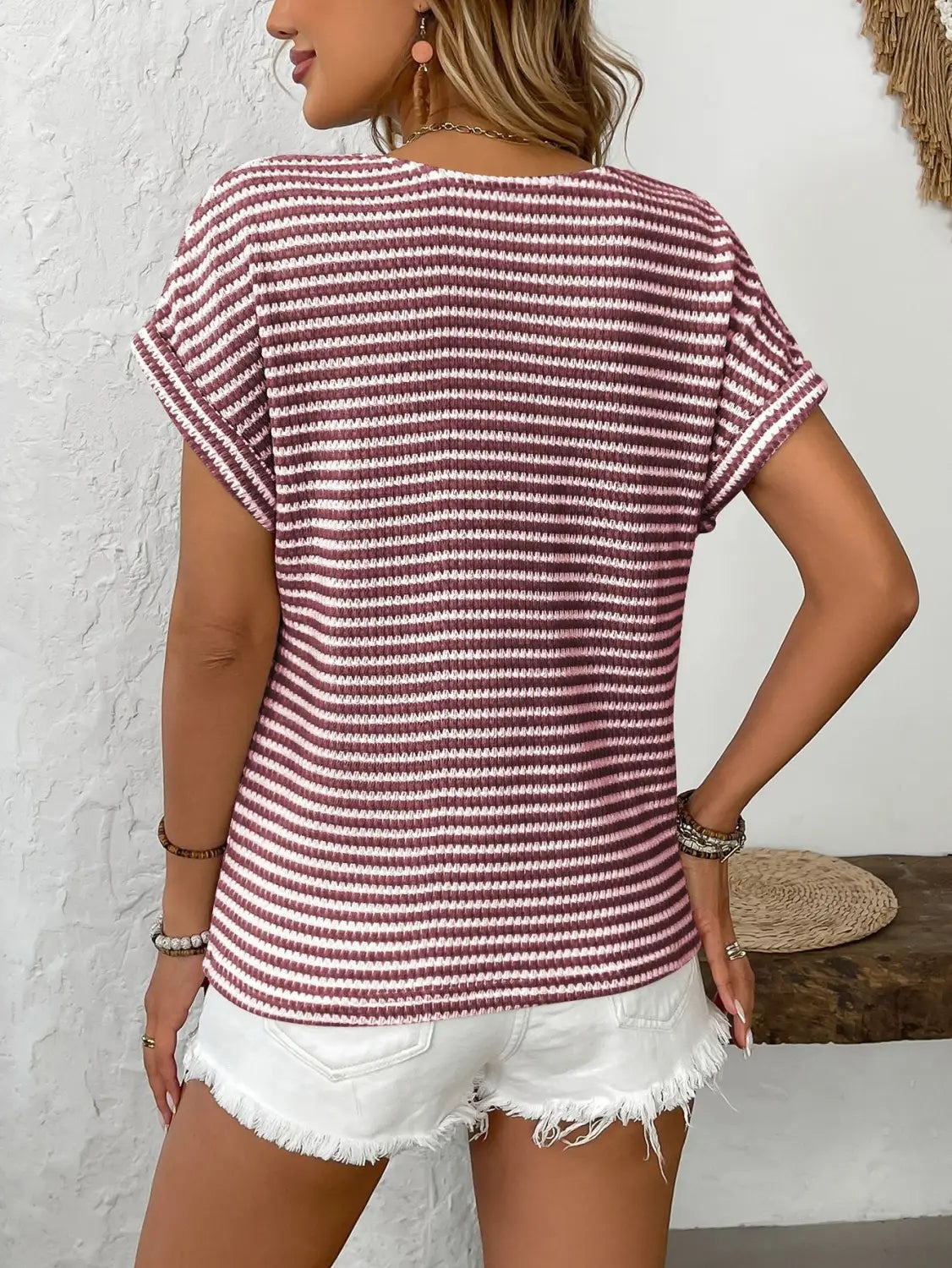 Summer V-neck Short Sleeve Knitted T-shirt Patchwork Button Pullover Top