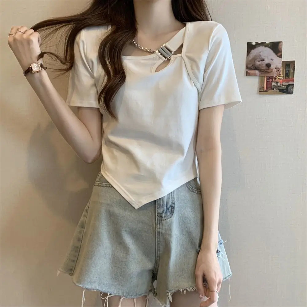 Slim Fit And Thin Cover Belly Hot Girl Irregular Short-sleeved T-shirt For Women