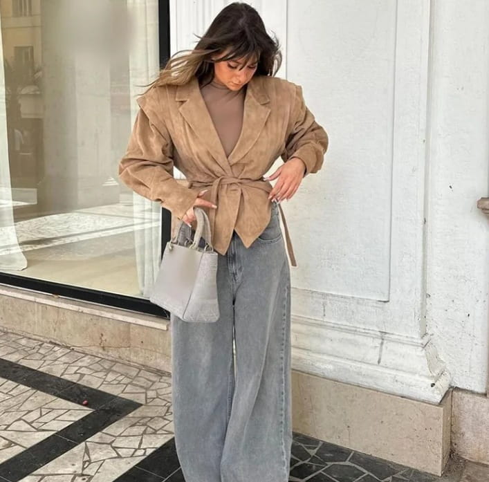 Waist Trimming Lace Up Suede Fabric Jacket