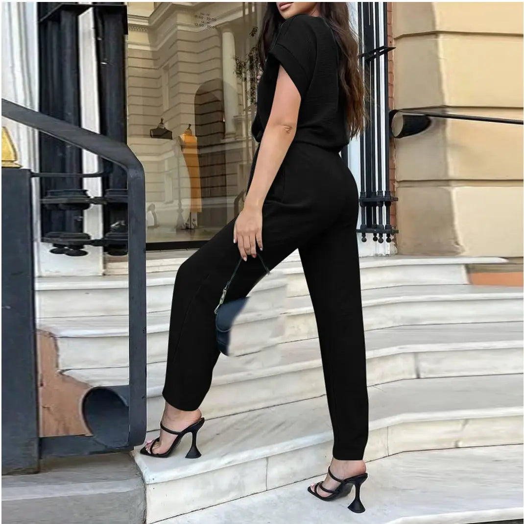 Women’s Short-sleeved V-neck Pocket Jumpsuit