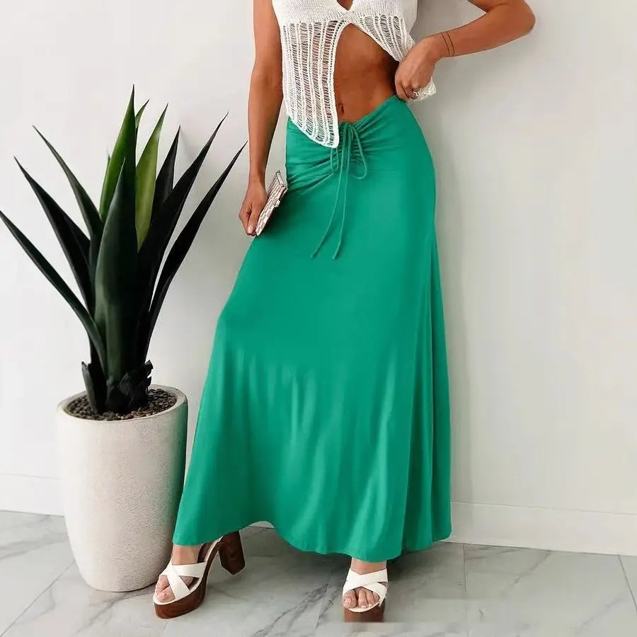 European And American Drawstring Stitching Su Pleated Solid Color Women’s Skirt