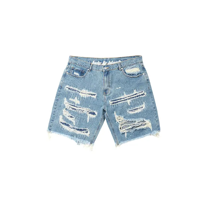High Street Patch Ripped Washed Distressed Men’s Denim Shorts