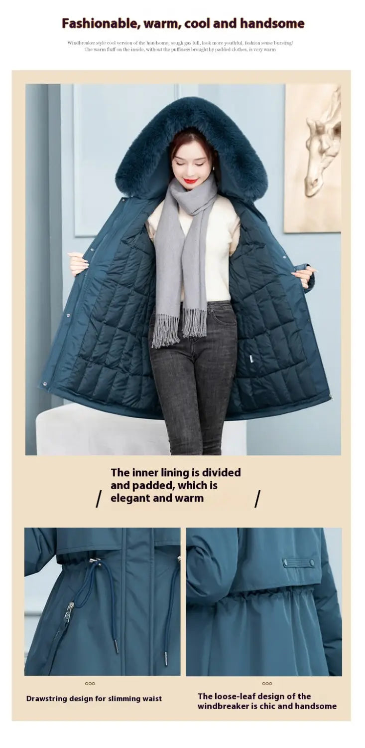 Women’s Mid-length Loose Cotton Coat Fleece-lined Thickened Cinched Coat