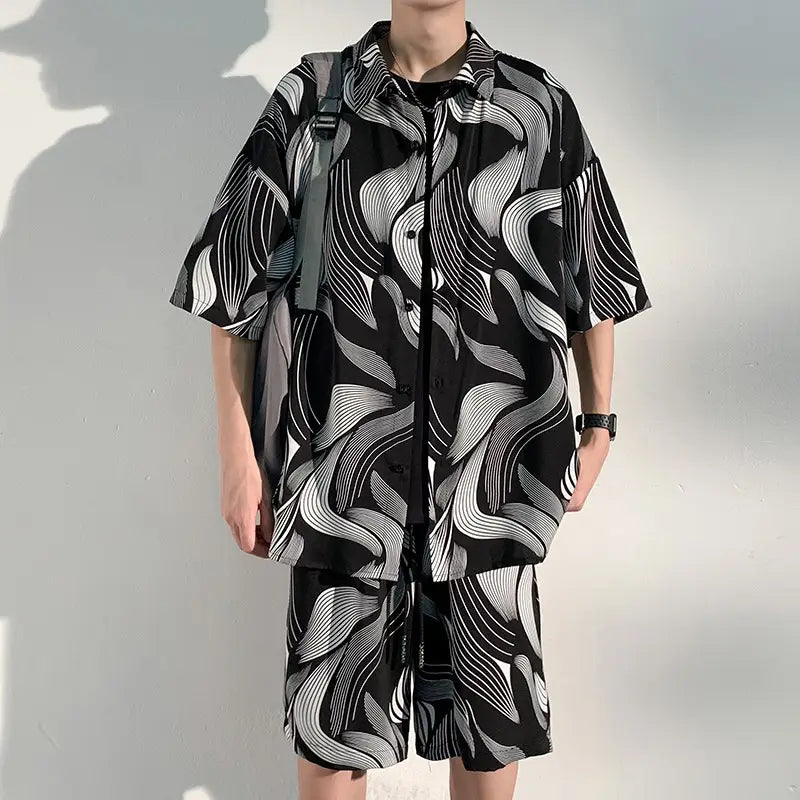Cool Feeling Ice Silk Short Sleeve Shirt Shorts Loose And Handsome Clothes Set