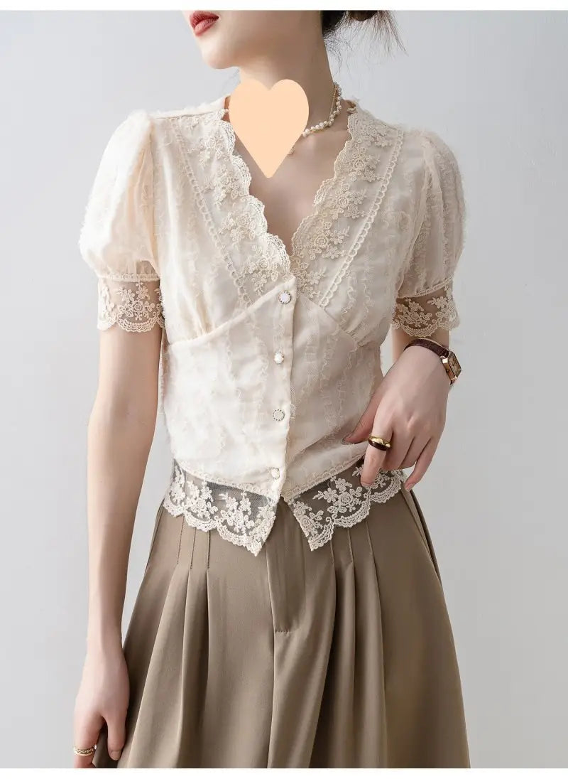 New Women’s Summer Short Sleeve Chiffon Lace Shirt Top