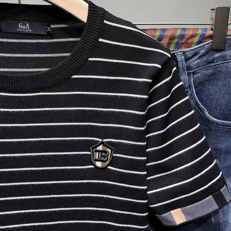 Half Sleeve Knitted Bottoming Shirt Striped Slim Fit Sweater Trend