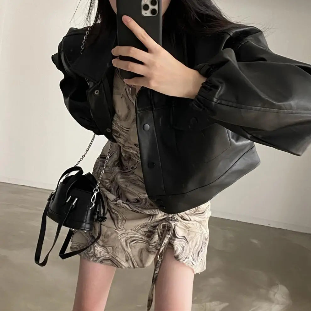 Chic Lapel Double Pocket Leather Top Leather Coat