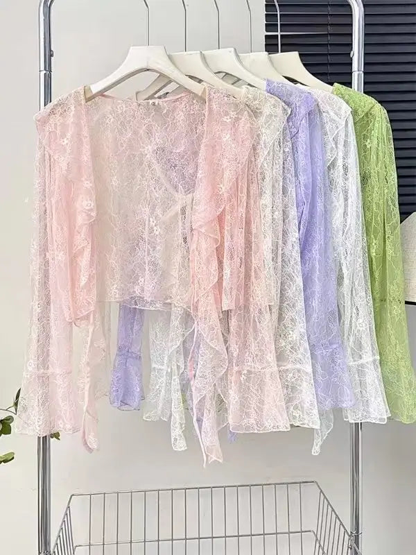 Ruffled Tied Short Lace Sun Protection Cardigan