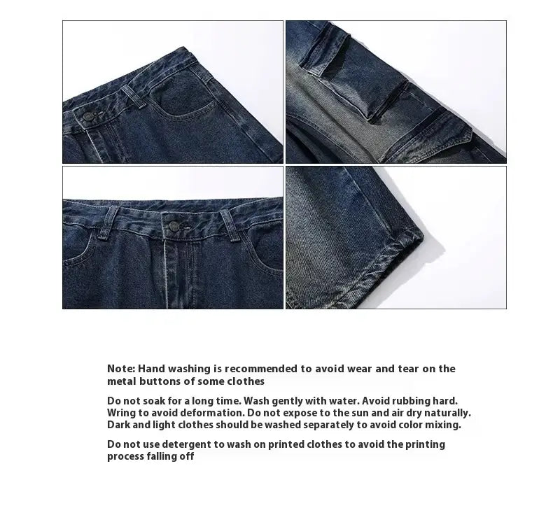 Washed Multi-pocket Denim Matchet Pants