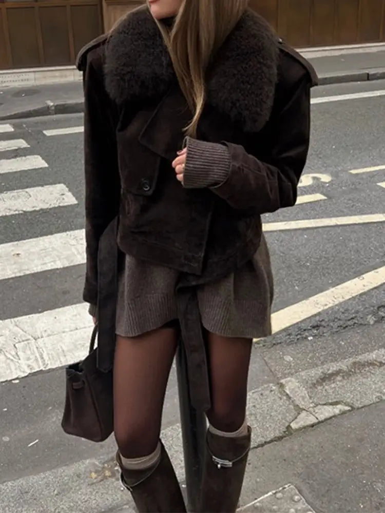Lapel Suede Long Sleeve Loose And Warm Comfortable Motorcycle Jacket