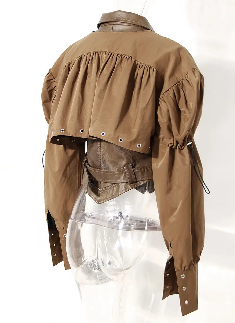 Niche Design Two-piece Coat Cape Stitching PU Handsome Waist-tight Jacket