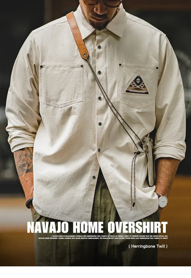 Men’s Retro Indian Totem Creamy-white Long-sleeved Shirt