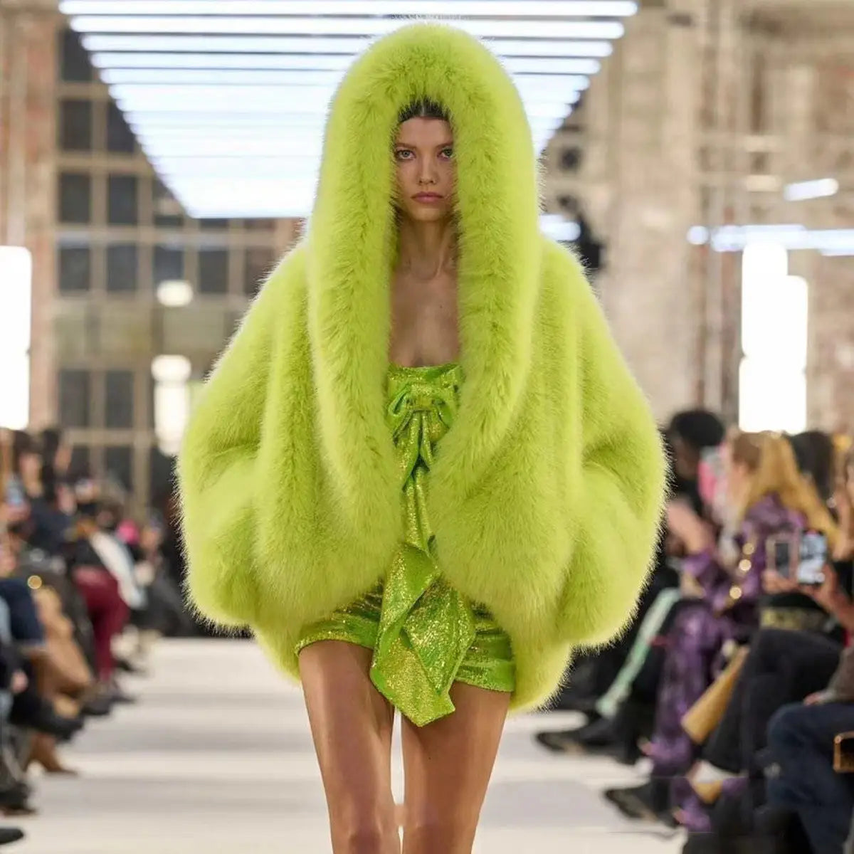 Women’s Green Fur Faux Fox Fur Hooded Coat