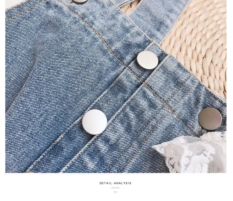 Girls Denim Overalls And Lace Shirt Two-piece Suit