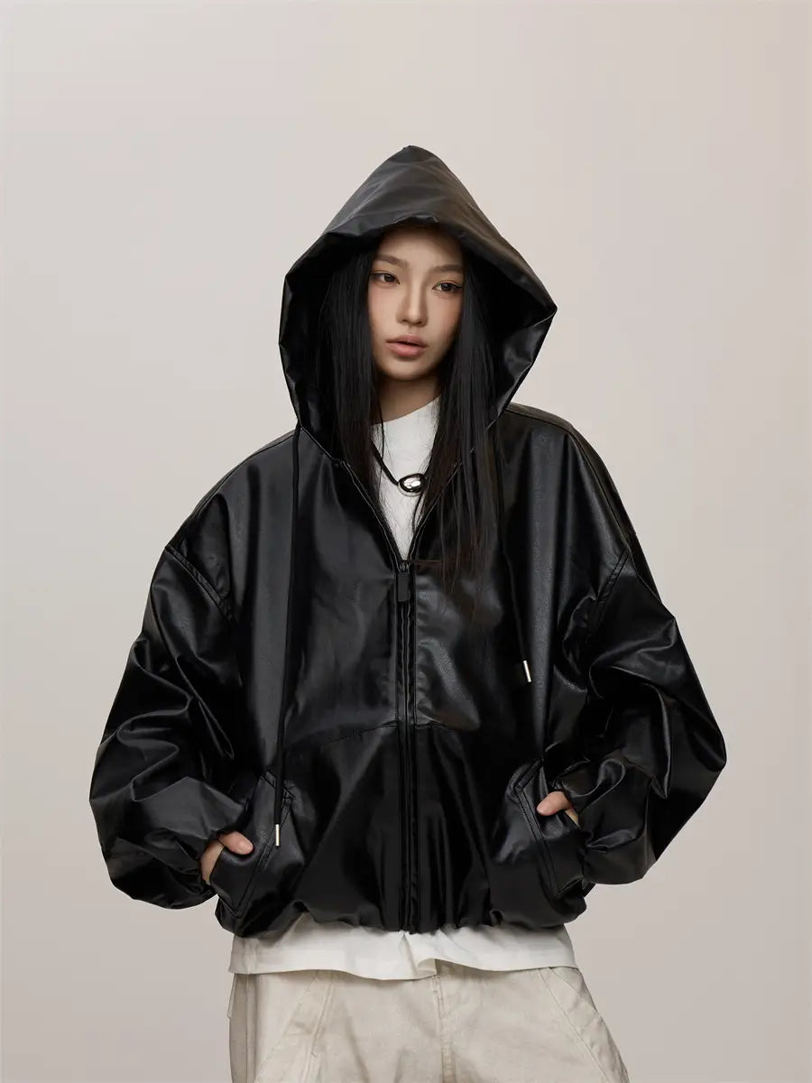 Women’s Black Hooded Leather Coat