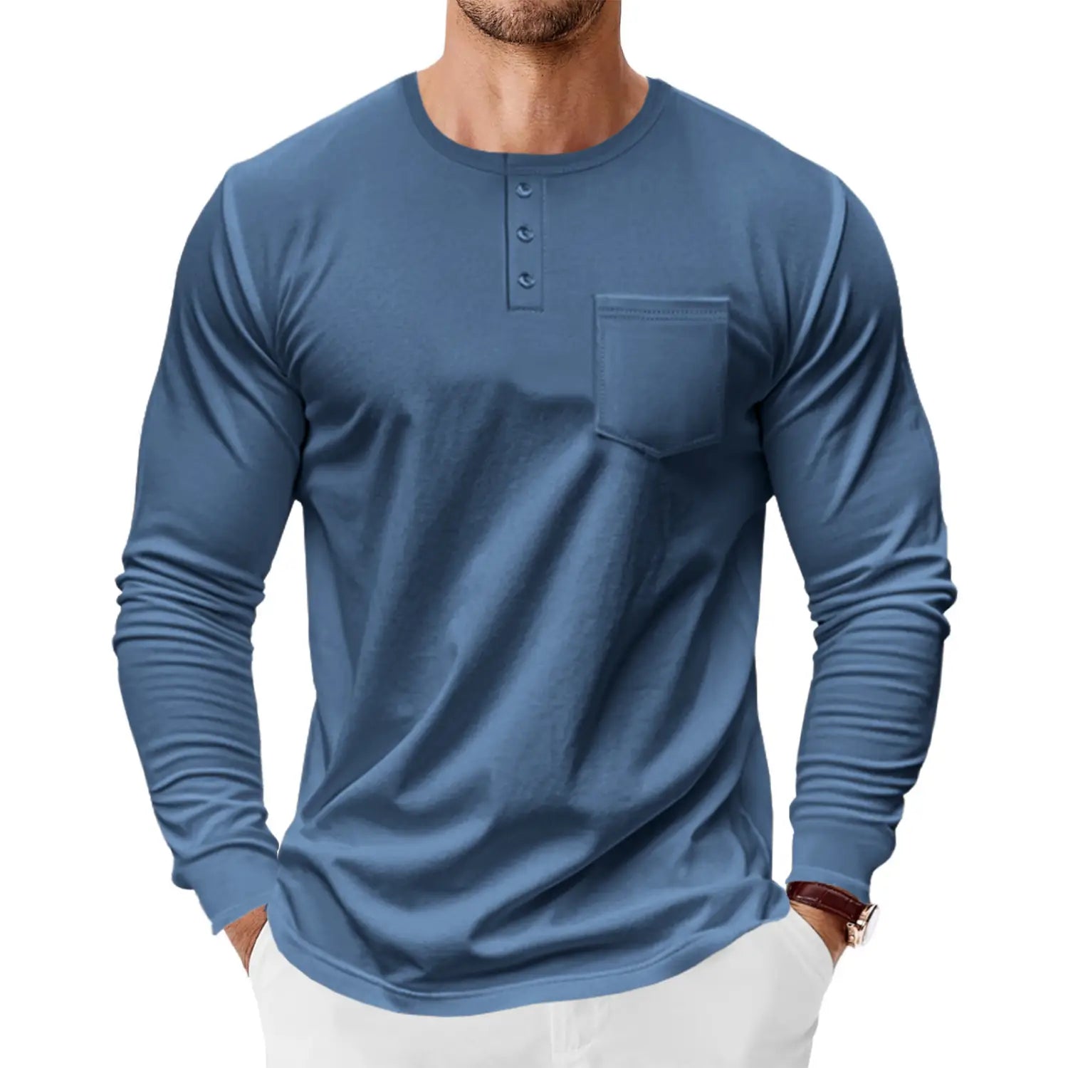 Men’s Spring And Autumn Henley Shirt Long Sleeve