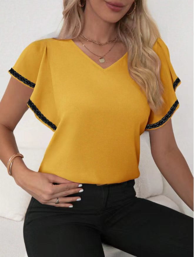 Women’s Fashion Ruffle Sleeve Solid Color And V-neck T-shirt