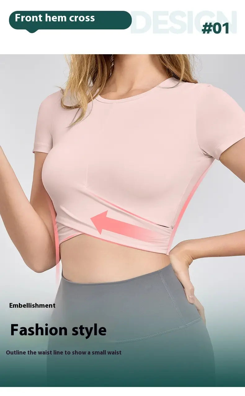 Cross Pleated Yoga Clothing Top Workout Clothes Short Sleeve