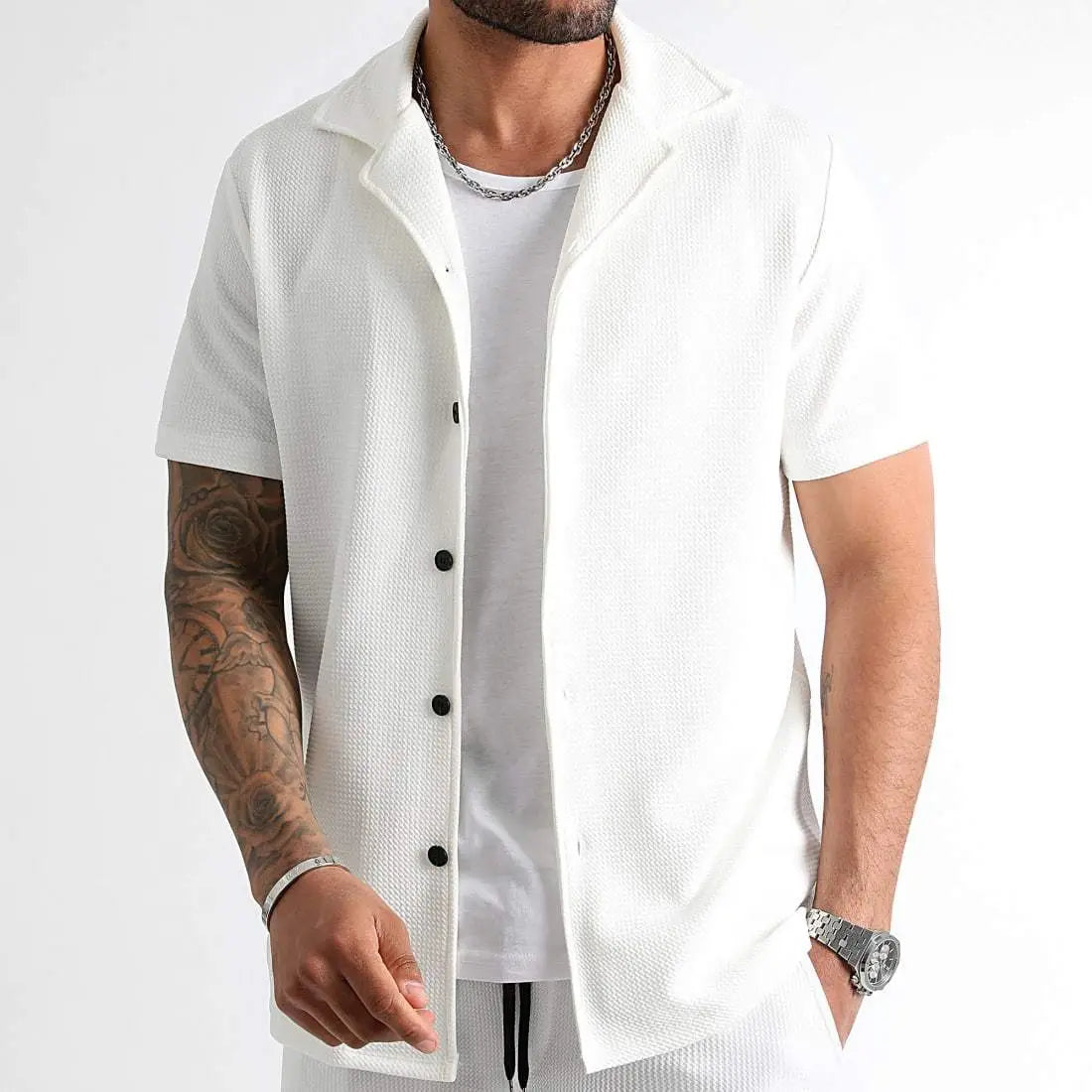 Daily Casual Short Sleeve Cardigan Shirt Men’s Suit Solid Color Summer