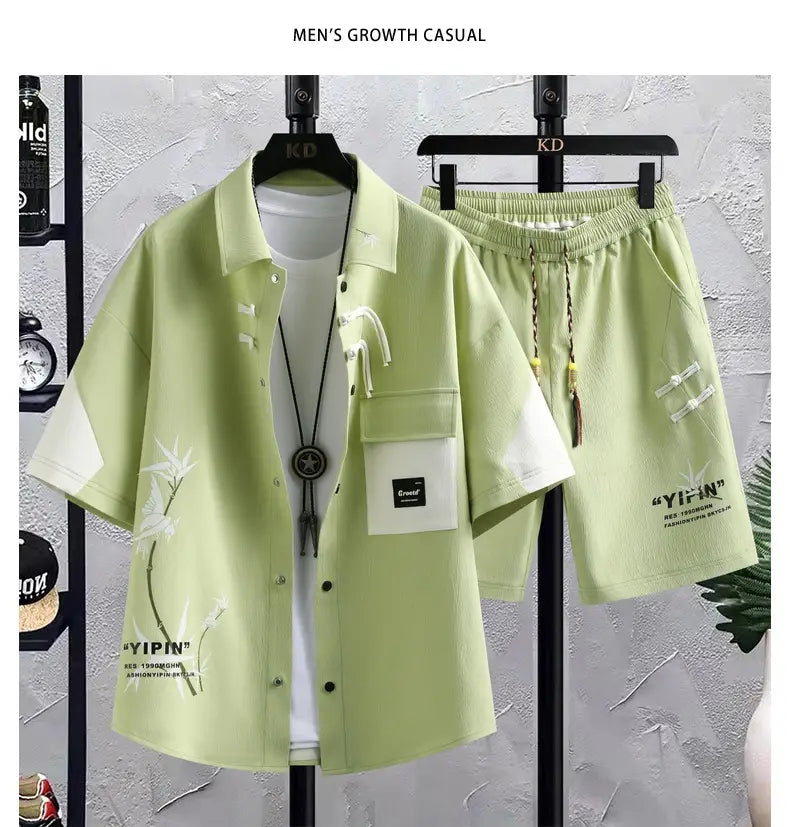 New Chinese Style National Style Suit Men’s Summer Short Sleeve Shirt Shorts Wear A Set Of Casual Sports Clothes