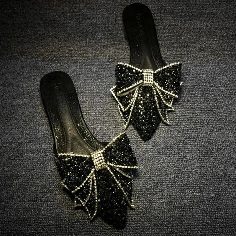 Fashion Women’s Rhinestone Pointed Bow Half Slippers