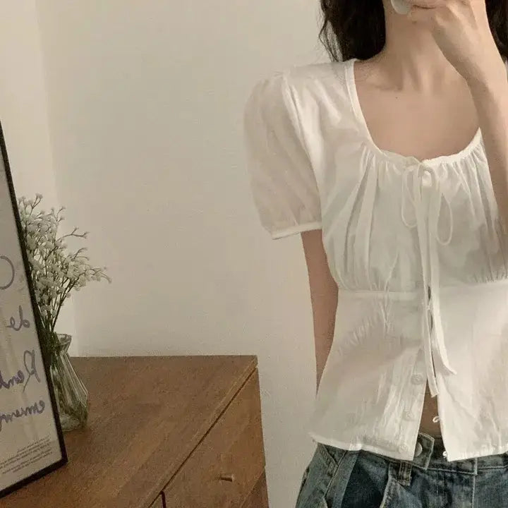 Single-breasted Lace Up Short Shirt French Small Top