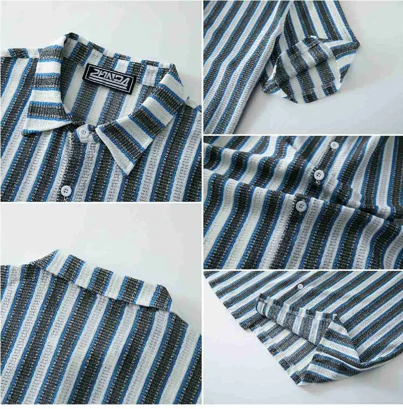 Men’s Beach Casual Yarn-dyed Striped Short-sleeved Lapel Shirt A0407