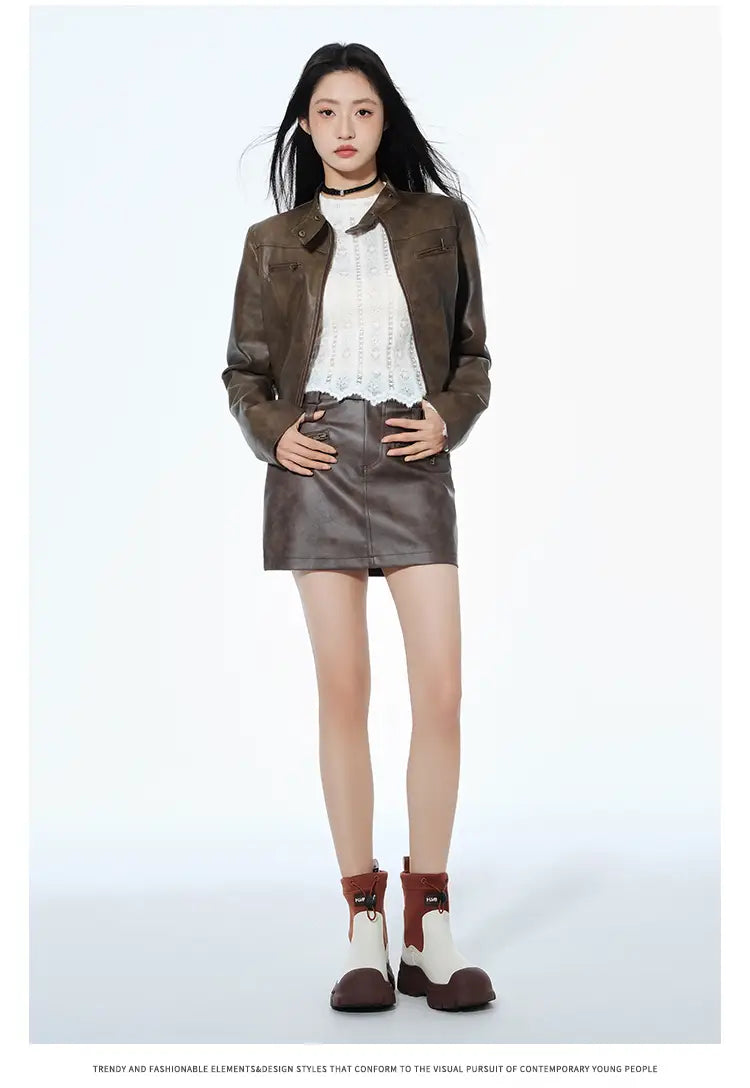 Short Leather Jacket Slim Brown Jacket Motorcycle Jacket