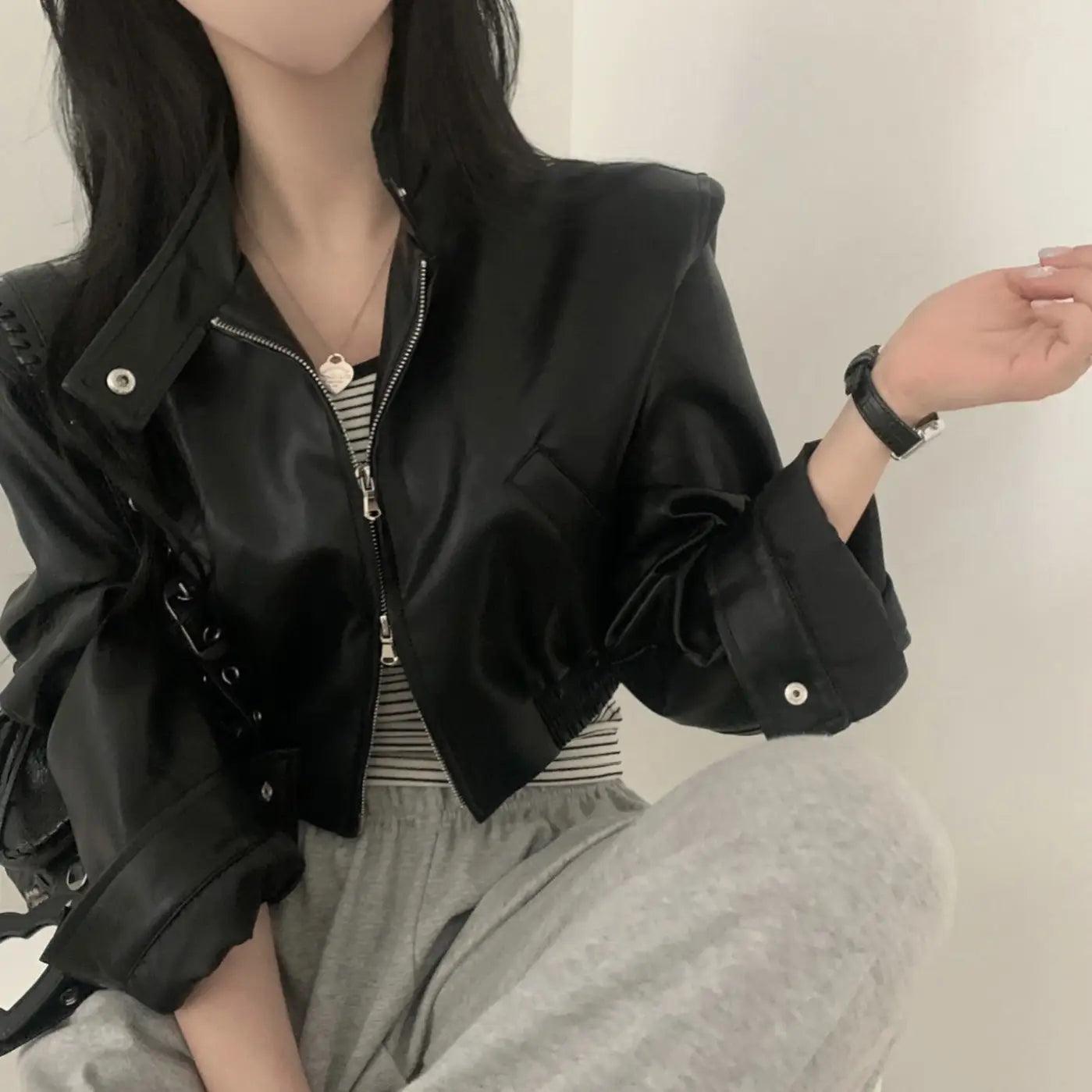 French Style Retro Design Zipped Stand Collar Elastic And Waisted Short Biker’s Leather Jacket Women
